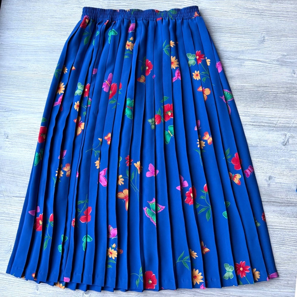 Alfred Dunner Vintage Blue Pleated Butterfly Floral Midi Skirt Elastic Waist 8